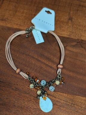 Kim Rogers Peach Cord Necklace with Amber and Pearl Pendant